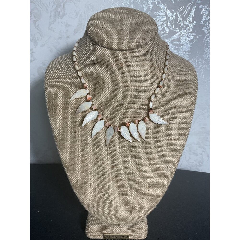 Mother Of Pearl Leaf Necklace With Gold Barrel Clasp & Beads